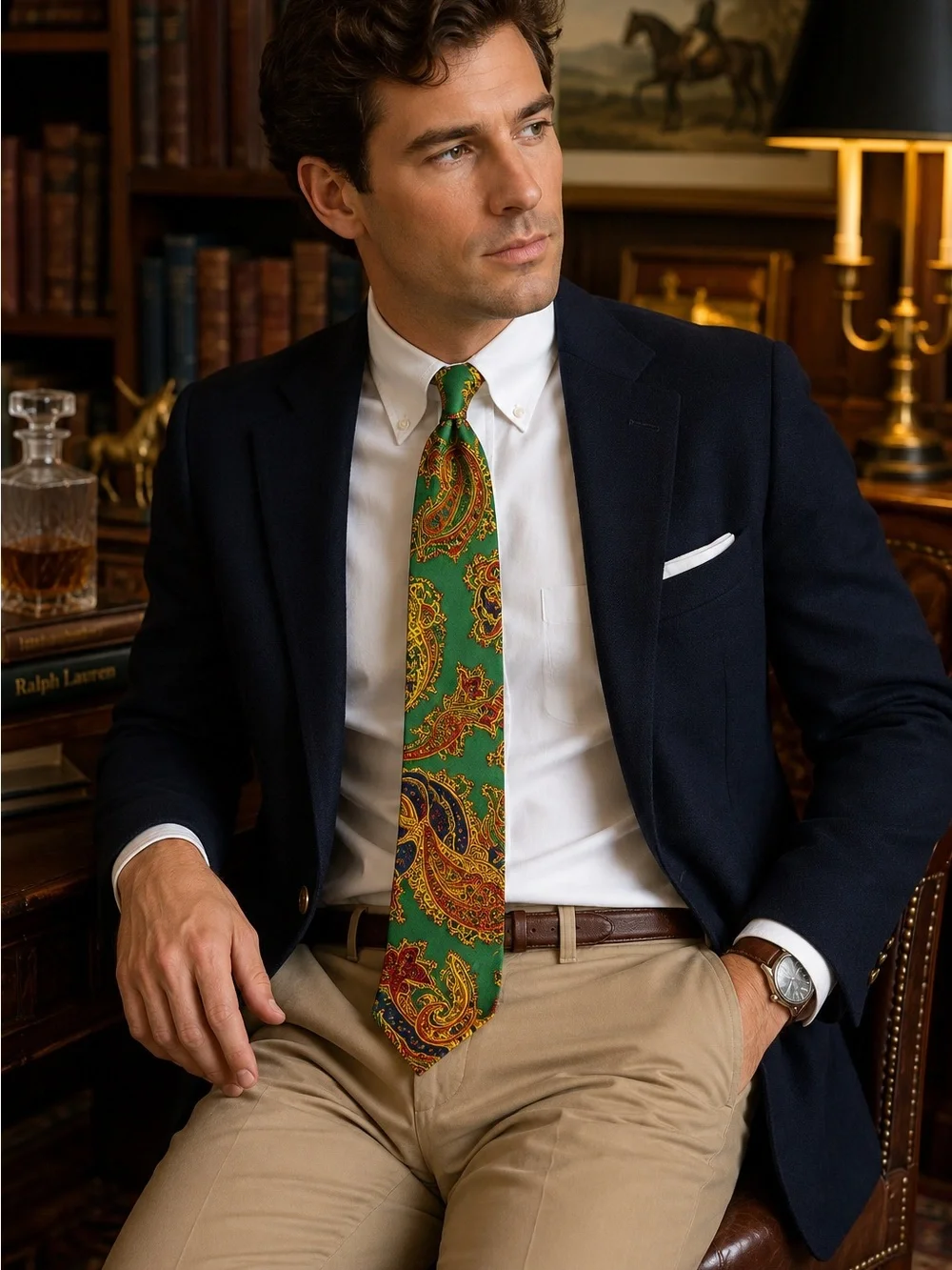 J. Crew Green Paisley Silk Necktie with Multicolor Accents